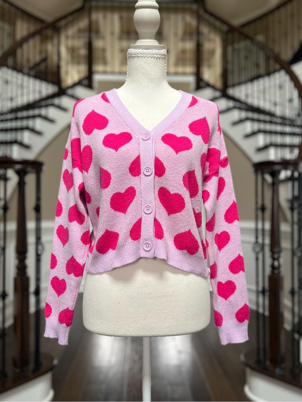 Valentine’s Day Girls Lavender Pink Heart Button Knit Cardigan Sweater XL 14/16